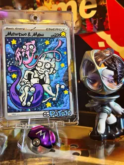 Pokemon Mewtwo and Mew GX TCG Sun & Moon Holo Promo Card #SM191 DIY Hand Drawn🫟 - Image 3