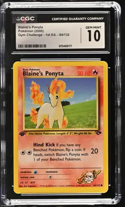 CGC GEM MINT 10 Pokemon Blaine's Ponyta 64/132 2000 Gym Challenge 1st Edition - Image 1