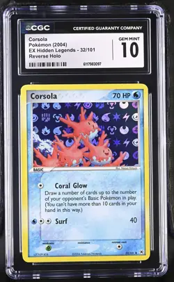 CGC 10 GEM MINT Corsola 2004 EX Hidden Legends 32/101 Reverse Holo Pokemon Card - Image 1
