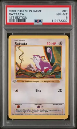 1999 Pokemon Game #61 Rattata PSA 8 1st Edition GREY STAMP - Image 1