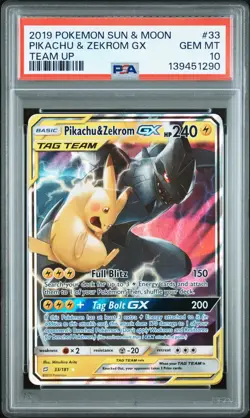 2019 POKEMON SUN & MOON TEAM UP #33 PIKACHU & ZEKROM GX PSA 10 - Image 1