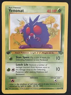 1st Edition Venonat 63/64 Jungle Regular TCG WOTC Vintage Pokemon Non Holo Card - Image 1