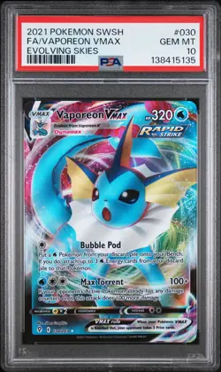 2021 POKEMON SWORD & SHIELD EVOLVING SKIES #030 FULL ART/VAPOREON VMAX PSA 10 - Image 1