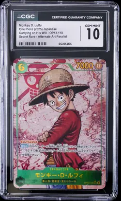 2025 ONE PIECE JAPANESE CARRYING ON HIS WILL ALTERNATE ART MONKEY D LUFFY CGC 10 - Image 1