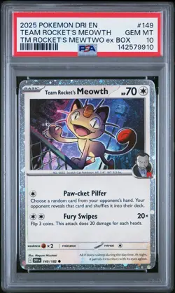2025 POKEMON DESTINED RIVALS MEWTWO EX BOX #149 TEAM ROCKET'S MEOWTH PSA 10 - Image 1