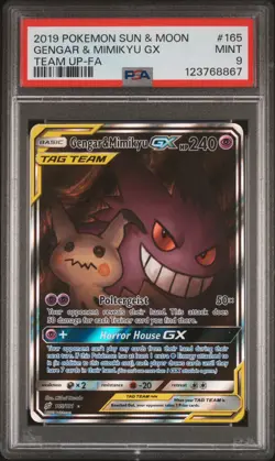 2019 POKEMON SUN & MOON TEAM UP #165 FULL ART/GENGAR & MIMIKYU GX PSA 9 - Image 1