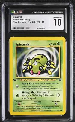 CGC GEM MINT 10 Pokemon Spinarak 75/111 2000 Neo Genesis 1st Edition - Image 1