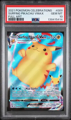 2021 POKEMON CELEBRATIONS #009 FULL ART/SURFING PIKACHU VMAX PSA 10 - Image 1