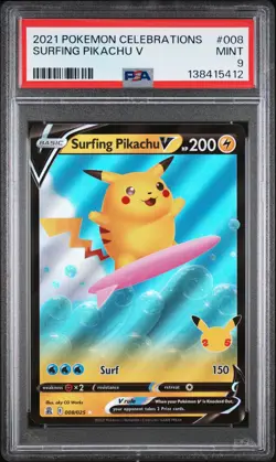 2021 POKEMON CELEBRATIONS #008 SURFING PIKACHU V PSA 9 - Image 1