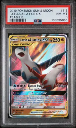 2019 POKEMON SUN & MOON TEAM UP #113 LATIAS & LATIOS GX PSA 8 - Image 1