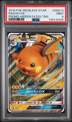 2019 POKEMON SM BLACK STAR PROMO HIDDEN FATES TINS #SM213 RAICHU GX PSA 9 - Image 1