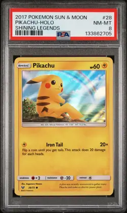 2017 POKEMON SUN & MOON SHINING LEGENDS #28 PIKACHU-HOLO PSA 8 - Image 1
