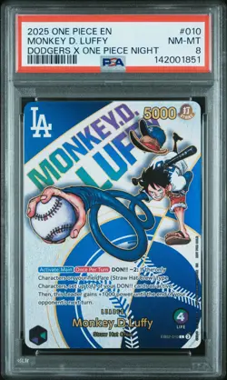 2025 ONE PIECE PROMOS DODGERS X ONE PIECE NIGHT #010 MONKEY D. LUFFY PSA 8 - Image 1