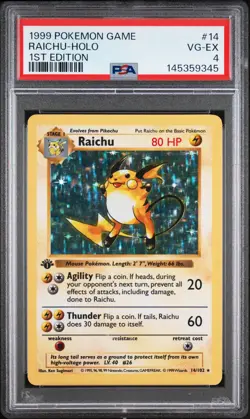 1999 POKEMON BASE SET 1ST EDITION #14 RAICHU-HOLO PSA 4 - Image 1