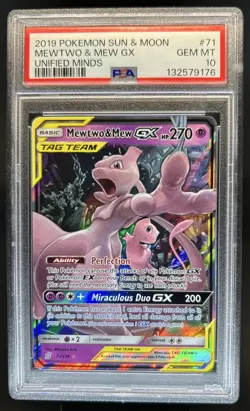 2019 Pokemon SM Unified Minds Mewtwo Mew Tag Team Holo #71/236 PSA 10 - Image 1