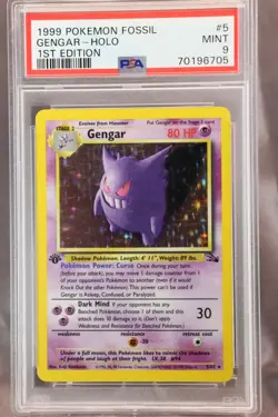 1999 Pokemon Gengar Holo, 1st Edition Fossil #5/62, PSA 9 Mint - Image 1