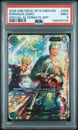 2026 ONE PIECE OP14-EB04-THE AZURE SEA'S SEVEN ALT ART #006 RORONOA ZORO PSA 9 - Image 1