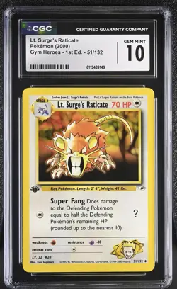 CGC GEM MINT 10 Pokemon Lt. Surge's Raticate 51/132 2000 Gym Heroes 1st Edition - Image 1
