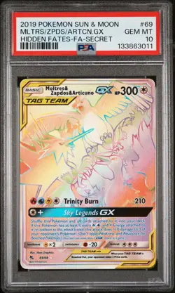 2019 POKEMON HIDDEN FATES SECRET FULL ART/MOLTRES & ZAPDOS & ARTICUNO GX PSA 10 - Image 1