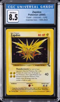 1999 POKEMON FOSSIL COSMOS-THUNDERSTORM DECK #15 ZAPDOS-HOLO CGC 8.5 - Image 1