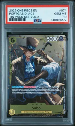 2026 One Piece Sabo #P-074 Tin Pack Set Vol. 2 Promo PSA 10 - Image 1