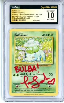 CGC GEM MINT 10 Auto 10 Tara Sands Bulbasaur 001/034 Trading Card Game Classic - Image 1