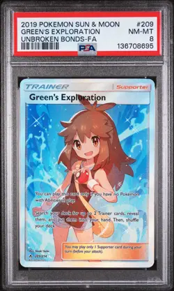 2019 POKEMON SUN & MOON UNBROKEN BONDS #209 FULL ART/GREEN'S EXPLORATION PSA 8 - Image 1