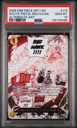 2025 ONE PIECE OP11 ALTERNATE ART #114 GUM-GUM FIRE-FIST PISTOL RED HAWK PSA 10 - Image 1
