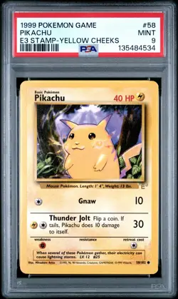 1999 POKEMON BASE SET UNLIMITED E3 STAMP-YELLOW CHEEKS #58 PIKACHU PSA 9 - Image 1