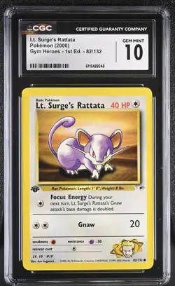 CGC GEM MINT 10 Pokemon Lt. Surge's Rattata 82/132 2000 Gym Heroes 1st Edition - Image 1