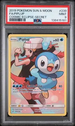 2019 POKEMON SUN & MOON COSMIC ECLIPSE SECRET #239 FULL ART/PIPLUP PSA 9 - Image 1