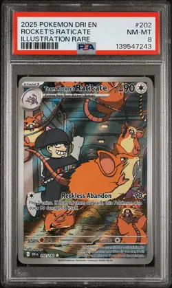 2025 POKEMON DESTINED RIVALS ILLUSTRATION RARE #202 TEAM ROCKET'S RATICATE PSA 8 - Image 1