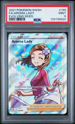 2021 POKEMON SWORD & SHIELD EVOLVING SKIES #199 FULL ART/AROMA LADY PSA 9 - Image 1