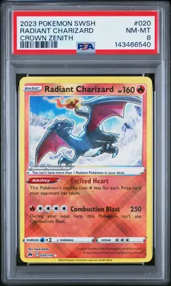 2023 POKEMON SWORD & SHIELD CROWN ZENITH #020 RADIANT CHARIZARD PSA 8 - Image 1