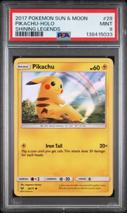 2017 POKEMON SUN & MOON SHINING LEGENDS #28 PIKACHU-HOLO PSA 9 - Image 1
