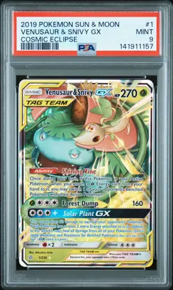 2019 POKEMON SUN & MOON COSMIC ECLIPSE #1 VENUSAUR & SNIVY GX PSA 9 - Image 1