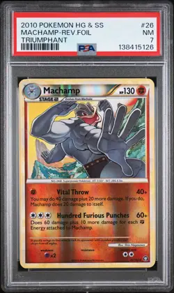 2010 POKEMON HEARTGOLD & SOULSILVER TRIUMPHANT #26 MACHAMP-REVERSE FOIL PSA 7 - Image 1