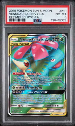 2019 POKEMON SUN & MOON COSMIC ECLIPSE #210 FULL ART/VENUSAUR & SNIVY GX PSA 8 - Image 1