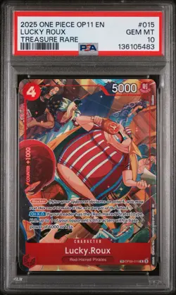 2025 ONE PIECE OP11-A FIST OF DIVINE SPEED TREASURE RARE #015 LUCKY ROUX PSA 10 - Image 1