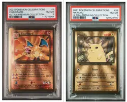 2021 CHARIZARD #4 & PIKACHU #58 POKEMON UPC CELEBRATIONS METAL CARD PSA 8 set - Image 1