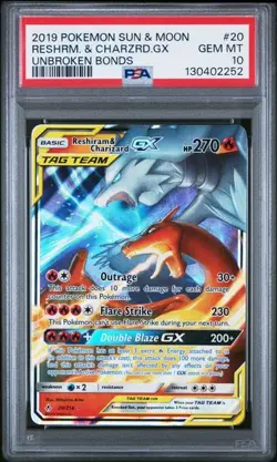 2019 Pokemon SM Unbroken Bonds Reshiram & Charizard GX #20 PSA 10 - Image 1