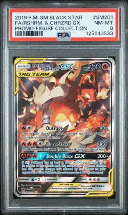 2019 POKEMON BLACK STAR PROMO SM201 FULL ART/RESHIRAM & CHARIZARD GX PSA 8 - Image 1