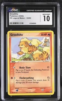 CGC GEM MINT 10 Pokemon Growlithe 55/92 2006 EX Legend Maker - Image 1
