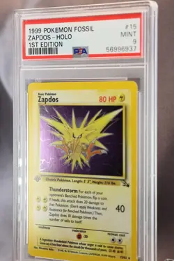 1999 Pokemon Zapdos Holo, 1st Edition Fossil #15/62, PSA 9 Mint - Image 2