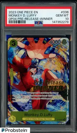 2022-23 One Piece Promo P036 Monkey D Luffy Pre-Release Tournament Winner PSA 10 - Image 1