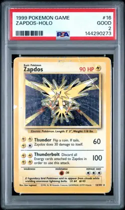 1999 POKEMON BASE SET UNLIMITED #16 ZAPDOS-HOLO PSA 2 - Image 1