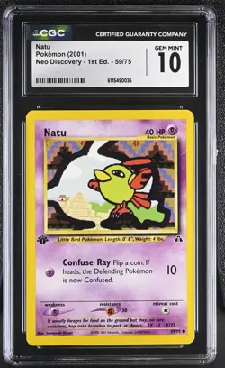 CGC GEM MINT 10 Pokemon Natu 59/75 2001 Neo Discovery 1st Edition - Image 1