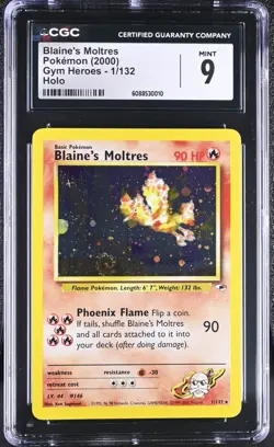 Blaine's Moltres 1/132 Gym Heroes Holo SWIRL CGC 9 MINT Vintage Pokemon Card - Image 1