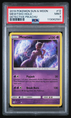 PSA 9 2019 Detective Pikachu #12 Mewtwo Holo, Pokemon Trading Card Game - Image 1