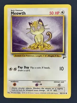 Pokemon Card Meowth 80/130 Base Set 2 Unlimited Common WOTC 2000 NM - Image 1